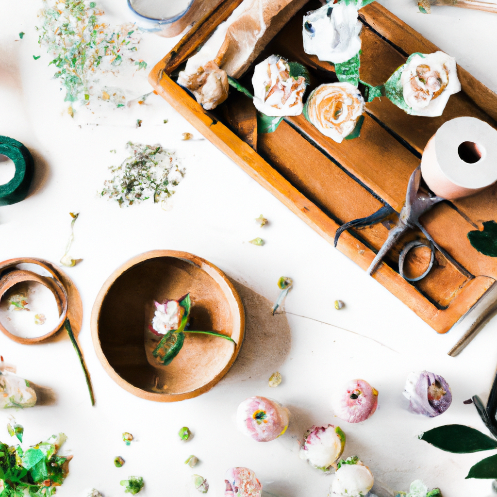 Mesa de taller de florística minimalista con herramientas, cintas y flores frescas en luz suave, estilo editorial, alta definición